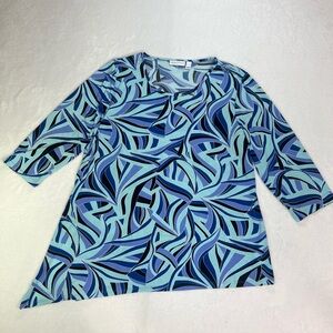 Susan Graver Women’s Top Blue Asymmetrical Hem 3/4 Sleeve Size XL